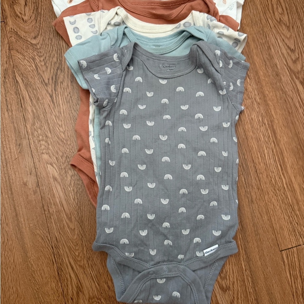 6-9m PreLoved Baby Onesies - Gray, Blue, Cream, and Orange